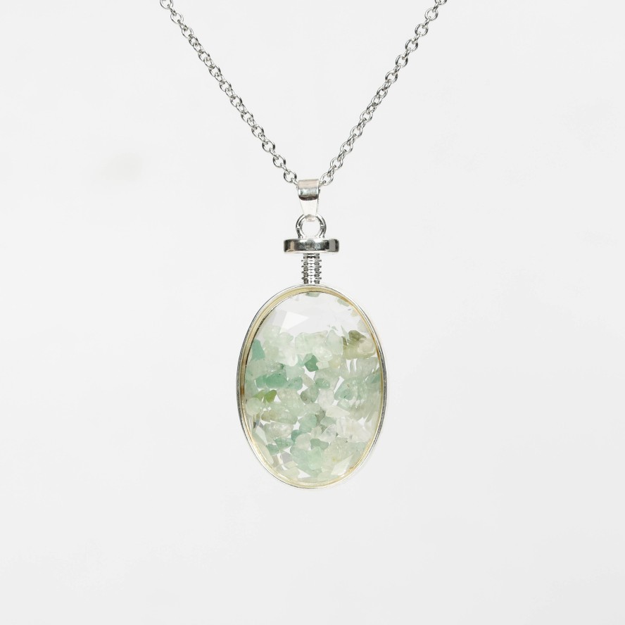 Crystal Chips In Oval Glass Pendant Necklace